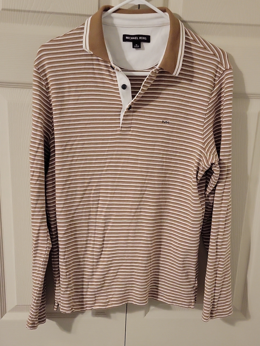 Michael Kors Men’s Long-Sleeve Striped Polo — Tan & White